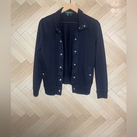 Lauren Ralph Lauren cotton navy button up mock neck sweater size Medium petite - Picture 2 of 7